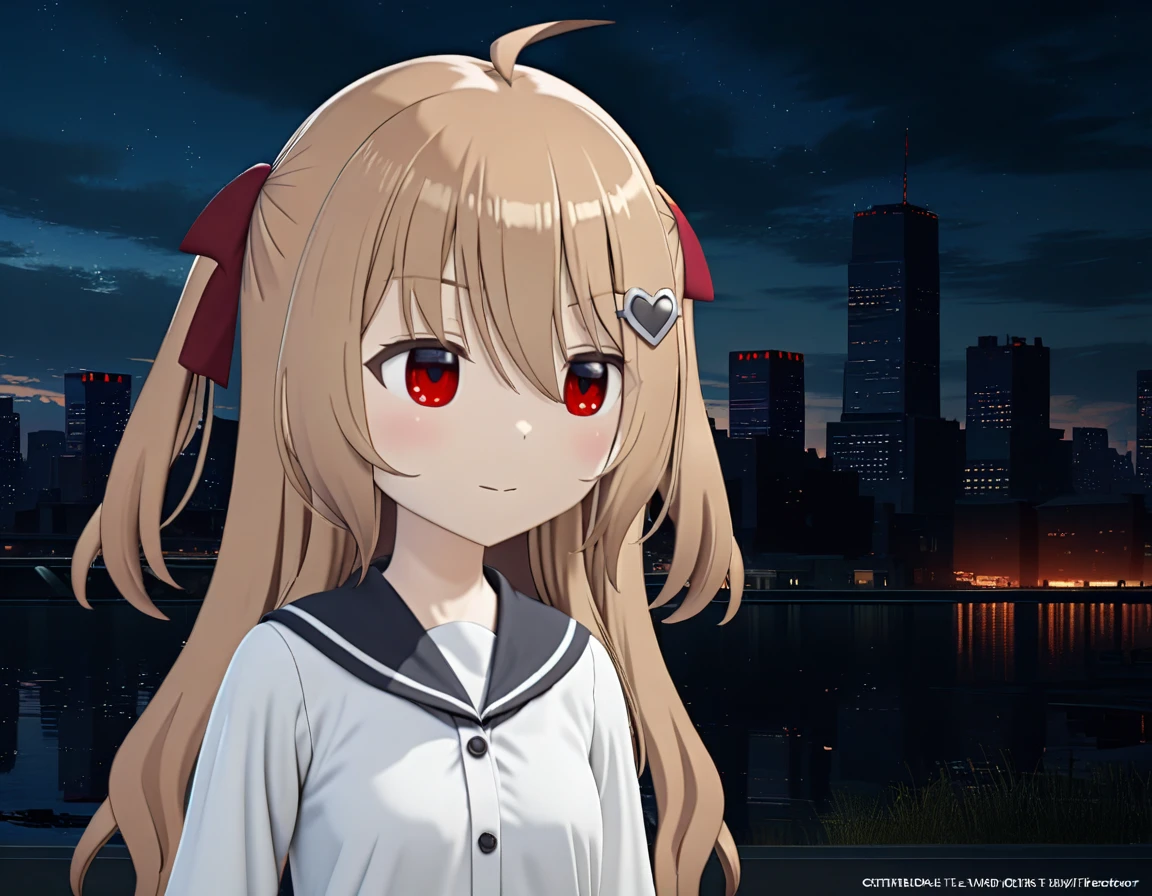 1girl, evil neuro-sama, (yuzu modoki), red eyes, dark red ribbon, hair ribbon, two side up, ahoge, heart hair ornament, light brown hair, natural lighting, (masterpiece, best quality), night, skyline, detailed scenery, (3d render:0.7), highly detailed, finely detailed, 