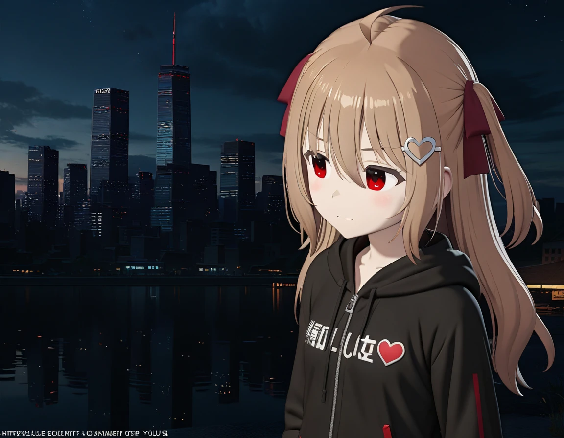 1girl, evil neuro-sama, (yuzu modoki), red eyes, dark red ribbon, hair ribbon, two side up, ahoge, heart hair ornament, light brown hair, natural lighting, (masterpiece, best quality), night, skyline, detailed scenery, (3d render:0.7), highly detailed, finely detailed, 