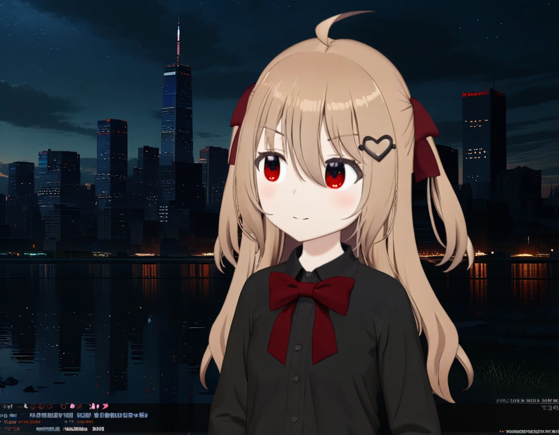 1girl, evil neuro-sama, (yuzu modoki), red eyes, dark red ribbon, hair ribbon, two side up, ahoge, heart hair ornament, light brown hair, natural lighting, (masterpiece, best quality), night, skyline, detailed scenery, (3d render:0.7), highly detailed, finely detailed,