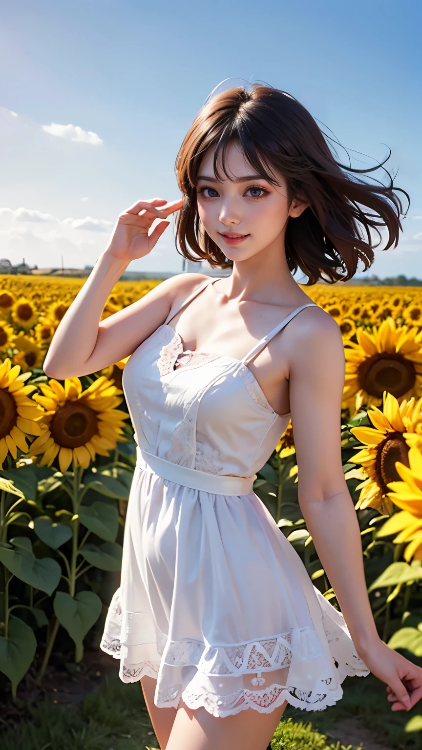 very cute and beautiful girl,White frilly sundress with fine lace,(Very beautiful face and eyes:1.2),smile Standing in the middle of a sunflower field,Beautiful summer sky,
Mid Shot,(smile),Black Hair,Dynamic pose,Leg Details,
(highest quality,masterpiece:1.2),Absurd,High resolution,Very detailedな,Very detailed,32k,8k resolution,
Intricate details,Movie Scenes,Detailed Background,alone,Dynamic Angle,
alone,Hair blowing in the wind,