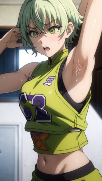 a close up of a person wearing a basketball uniform, a picture, inspired by Kentaro Miura, trending on pixiv, wearing yellow nba jersey, yellow croptop nba jersey, wearing a low cut croptop, wearing croptop, croptop, the word "Lakers" on the croptop, golden raito, (winking), shirobako, large)}], favorite scene, fine details. anime. skins, sweating, big breasts, both hands raised, armpits, armpits visible, dripping with sweat, more more sweat, sweaty armpits