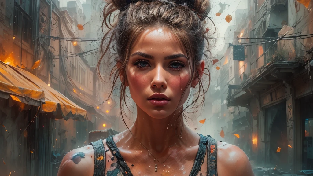 samdoesarts; award winning half body portrait of a beautiful woman in a croptop and cargo pants, military boots, standing on the street faint smile,  paint splashes, hair in a bun, splatter, outrun, vaporware,  digital art, trending on artstation, highly detailed, fine detail, intricate by Jeremy Mann, matth�us merian the elder, Pino Daeni, robert rauschenber, by beksinski