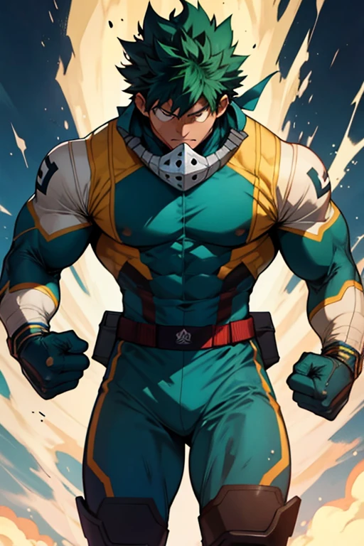 Un Izuku Midoriya con la musculatura de All Might , With toned and robust muscles, His strength and endurance would be unmatched.. His All Might-inspired suit would be a perfect combination of style and functionality., with the characteristic design in the shape of "Y" en el pecho y los colores verde, negro y blanco decorando su uniforme. The cape billowing behind him would add a touch of majesty to his appearance., making it look even more impressive