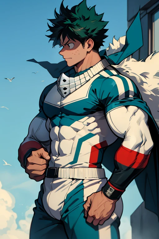 Un Izuku Midoriya con la musculatura de All Might , With toned and robust muscles, His strength and endurance would be unmatched.. His All Might-inspired suit would be a perfect combination of style and functionality., with the characteristic design in the shape of "Y" en el pecho y los colores verde, negro y blanco decorando su uniforme. The cape billowing behind him would add a touch of majesty to his appearance., making it look even more impressive