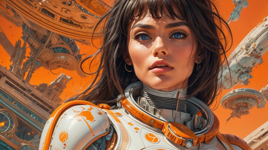 arafed image of a white woman in a futuristic suit with a spaceship in the background, movie art, in front of an orange background, inspired by Robert McGinnis, female protagonist, megastructure in the background, portrait of an ai astronaut, astronauts, an astronaut, portrait of a astronaut skeletor, perfect android girl, Highly Detailed Face and Skin Texture, Detailed Eyes, Double eyelids, perfectly detailed teeth, frank franzzeta and sakimichan  