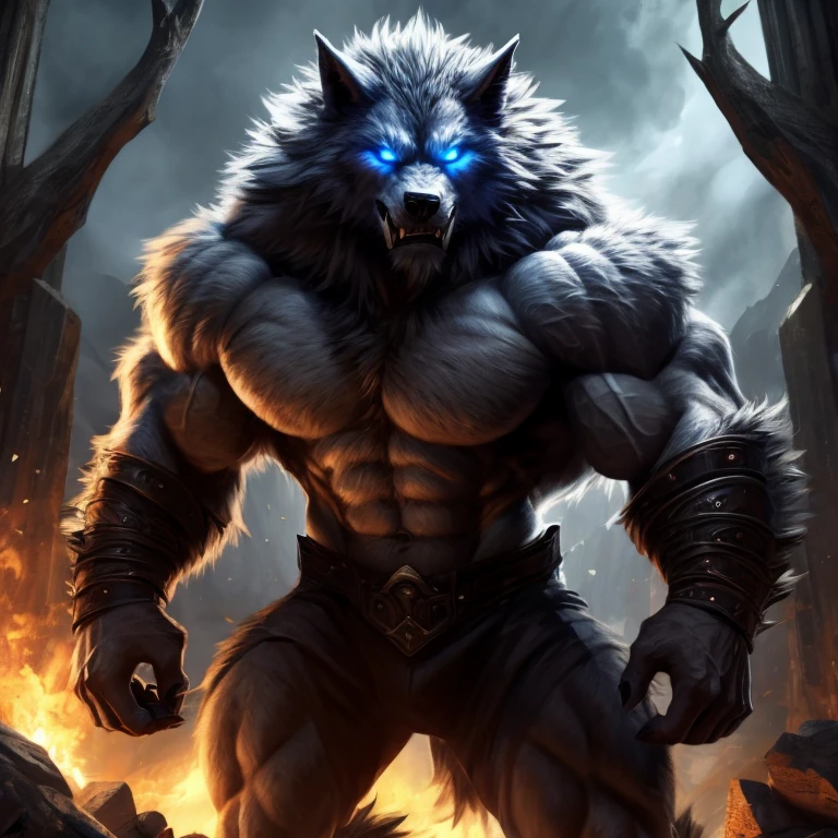 Make the super muscular werewolf monster with white fur and blue pupils with attractive pose