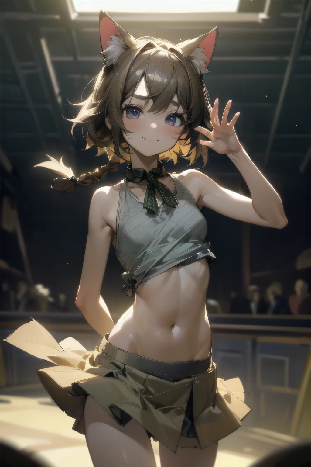 ((Masterpiece)), ((best quality)), (Rough sketch:1.4), (super detail), (High Definition:1.3), (Professional Photography:1.3), ((12 years old)), 1girl, cinematic lighting, Textured skin, (cat ears), pale brown hair, messy medium hair, Cute Beautiful teenage girl, BREAK, ((best quality)), (ccurate), (Hemp fabric tank top:1.3), no bra, (exposed neck), slendar body, small breast, (short braided hair), (Wearing tutu skirt), (hyper deformed face:1.3), naughty smile, blush, (Purple Unfocused eyes), beautiful collarbones, (slightly exposed cute navel), BREAK, ((best quality)), Waving hand, (on the Beautiful coastline),