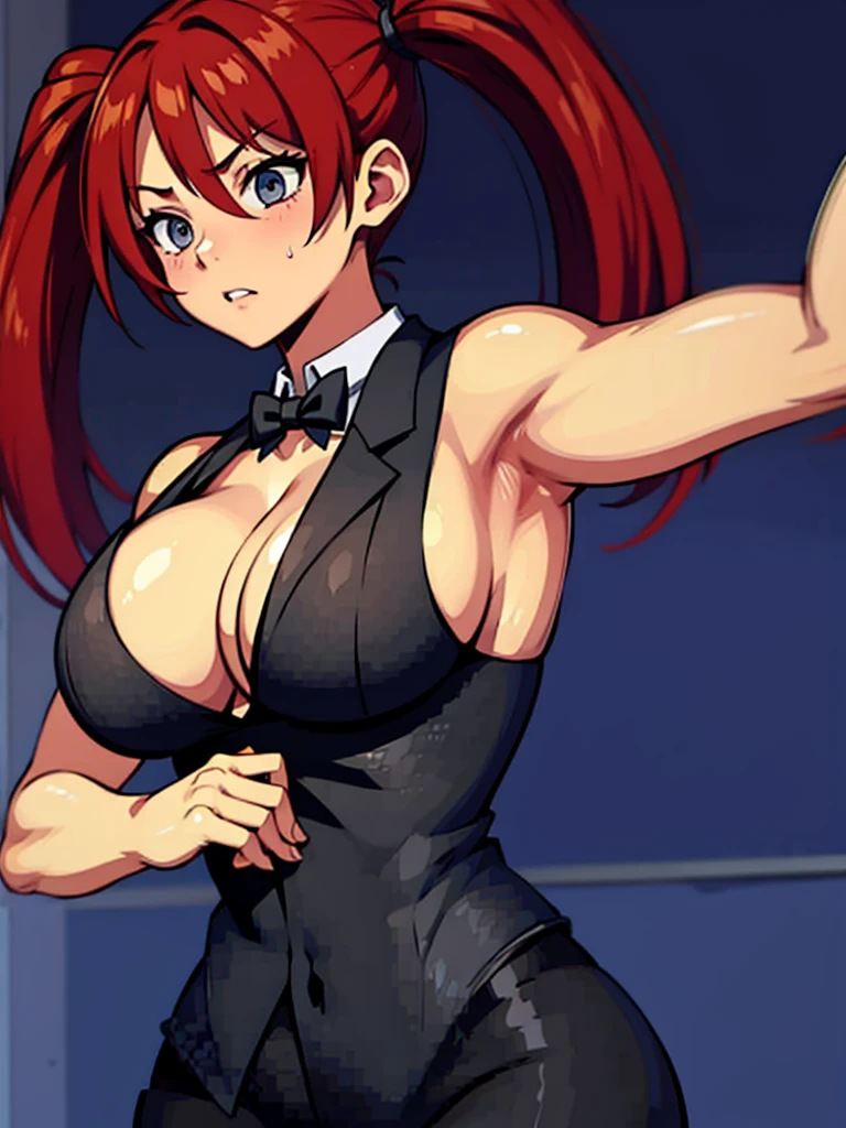 Twintail, red haired, 1girl, grey eyes, well toned, well built, muscled, toned muscles, formal attire, pixelated
