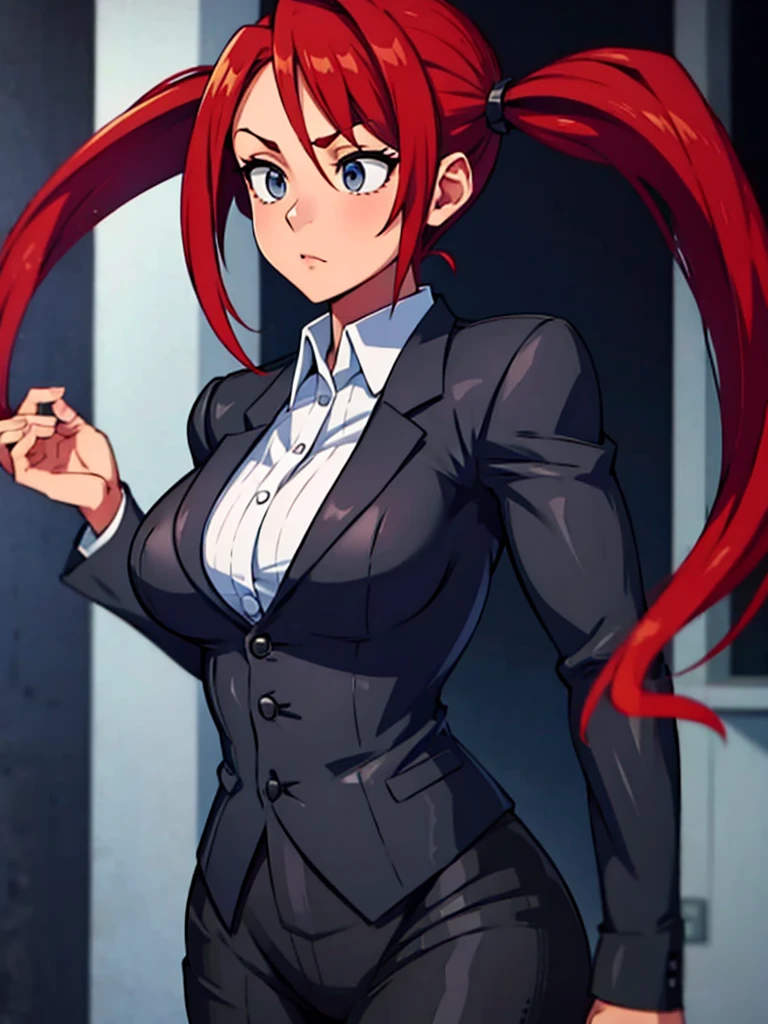 Twintail, red haired, 1girl, grey eyes, well toned, well built, muscled, toned muscles, formal attire, pixelated