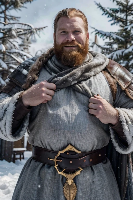 Tormund, a man of fifty, a broad chest, a massive belly, a beard white as snow, grey hair, massive arms with golden bands, dressed in heavy ringmail, a jovial smile, background: a winterlandscape with trees and snow