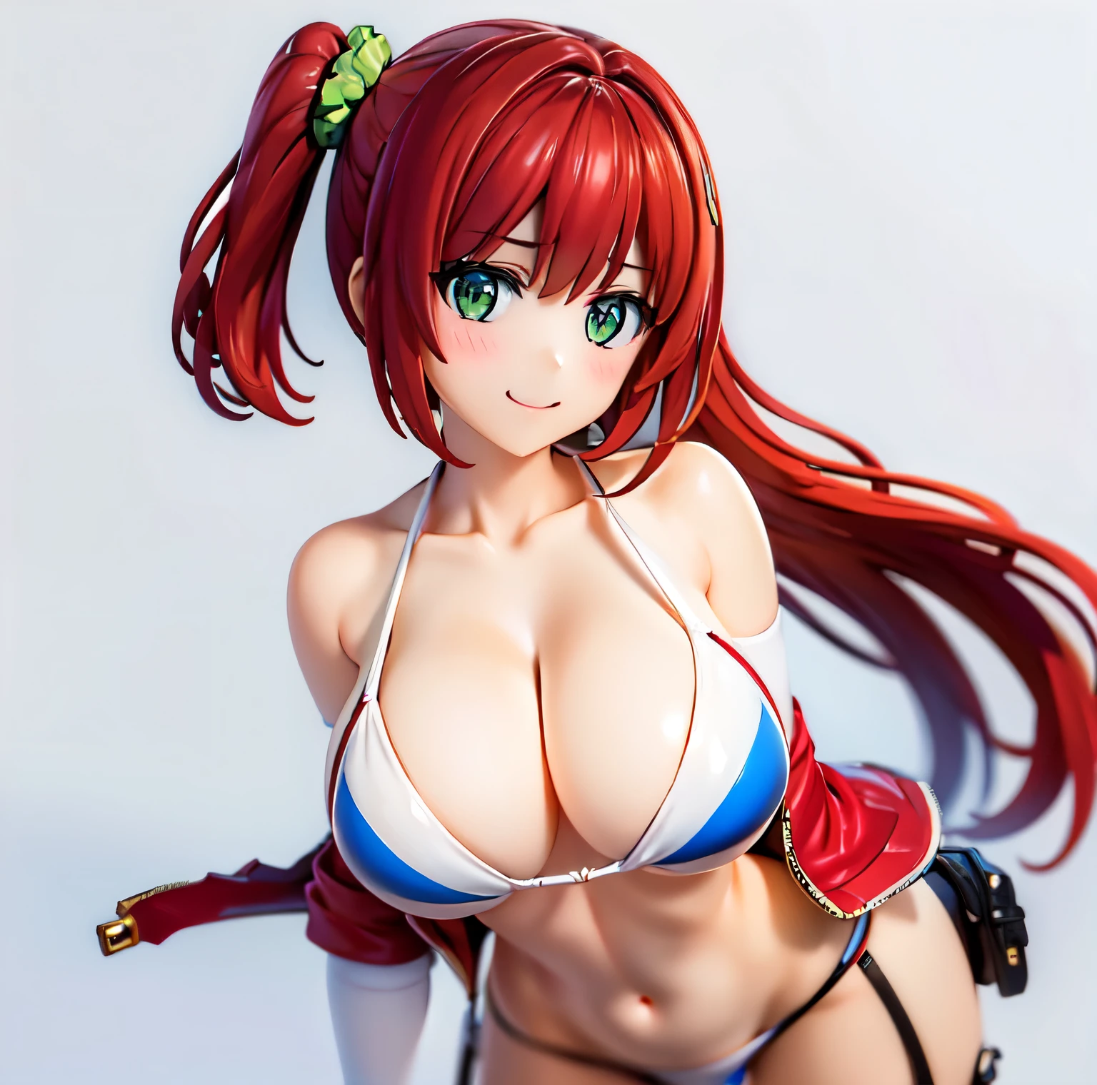 best quality, masterpiece, extremely detailed CG, official art , professional lighting, sakimiya iruka, red hair, green eyes,(one side up), medium hair, side ponytail, green scrunchie, hair ornament, shiny skin, smile, micro bikini, cameltoe, groin, wet, cowboy shot