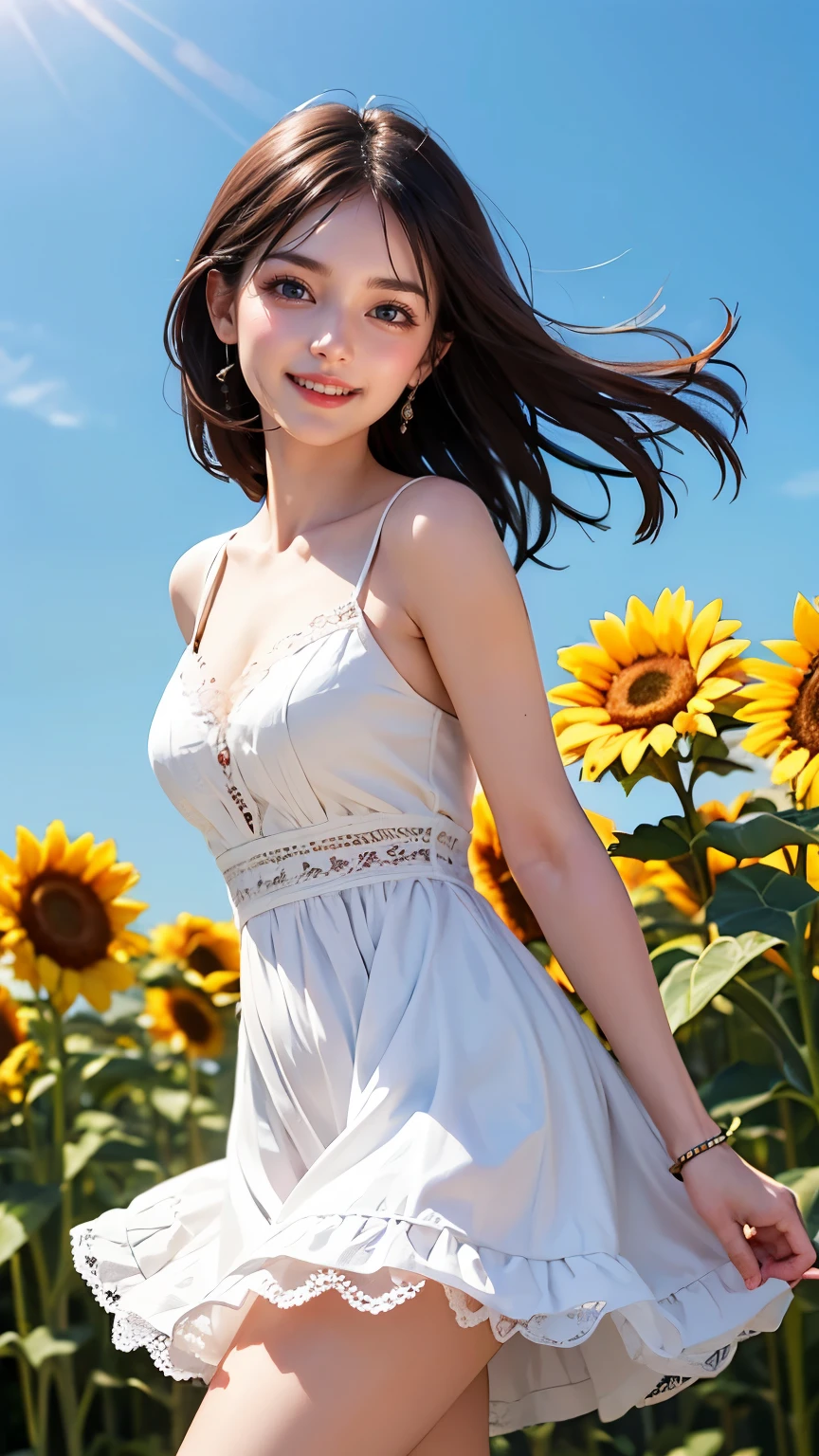 very cute and beautiful girl,White frilly sundress with fine lace,(Very beautiful face and eyes:1.2),smile Standing in the middle of a sunflower field,Beautiful summer sky,
Mid Shot,(smile),Black Hair,Dynamic pose,Leg Details,
(highest quality,masterpiece:1.2),Absurd,High resolution,Very detailedな,Very detailed,32k,8k resolution,
Intricate details,Movie Scenes,Detailed Background,alone,Dynamic Angle,
alone,Hair blowing in the wind,