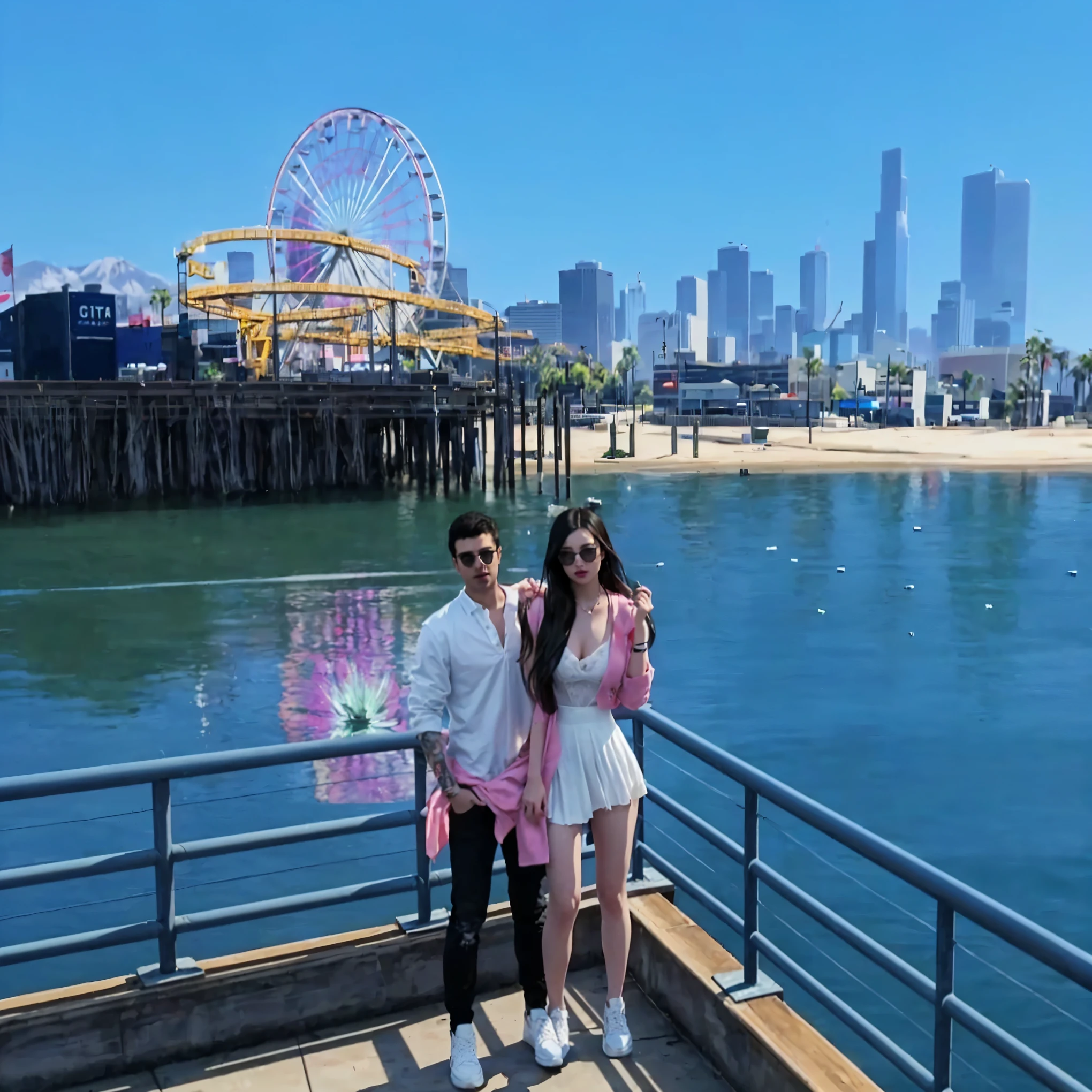 there are two people standing on a pier near a body of water,demi lovato in gta v, gta5 style, gta v street style, style of gta v, gta v style, gta 6 style, cinematic screenshot gta 5, gta 6, remastered chromatic aberration, gtav, as a character from gtav, with a city in the background, gta 5, gta5
