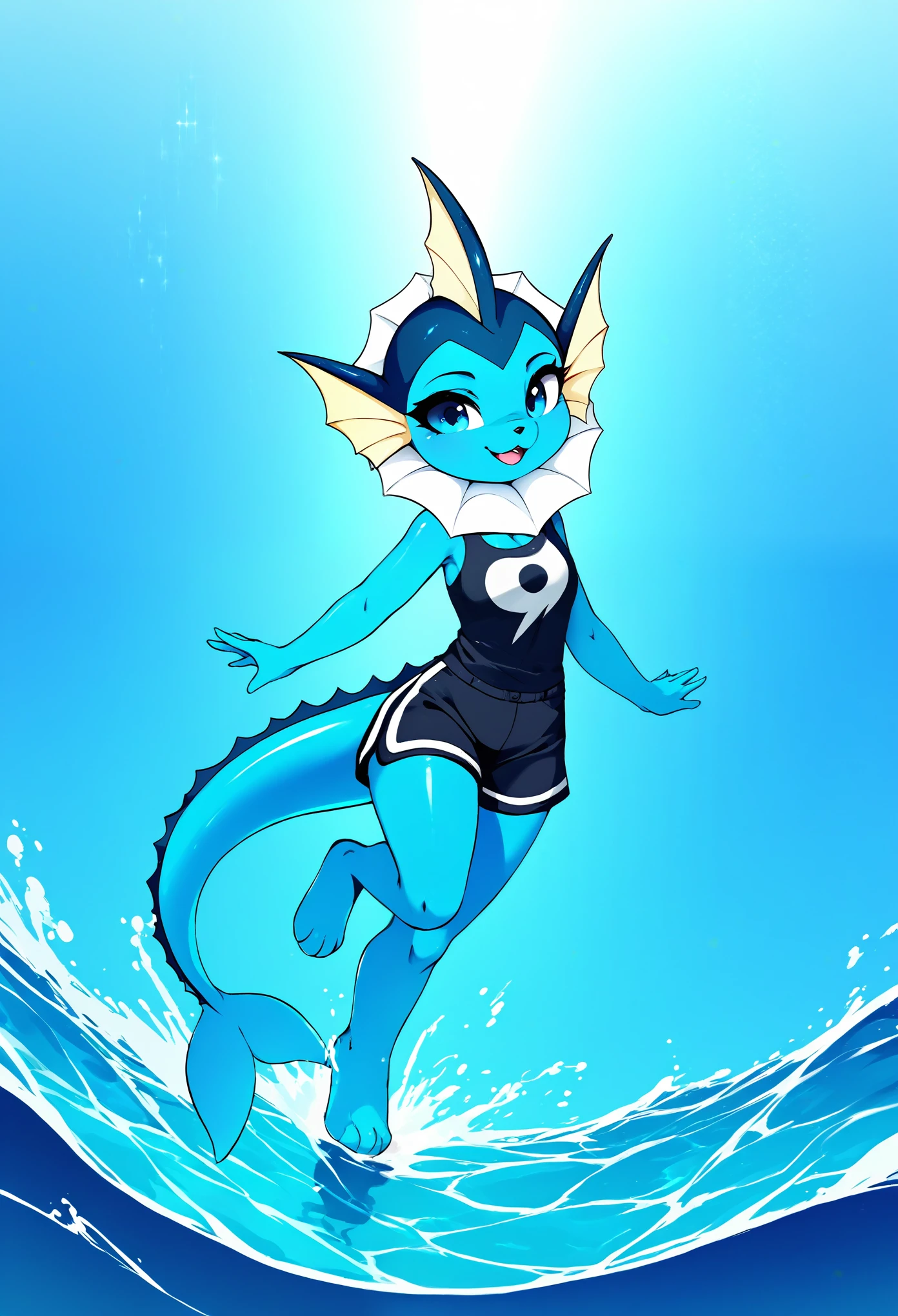 score_9, score_8_up, score_7_up, source_furry, rating_safe, by magnaluna, 1girl, anthro, vaporeon, blue skin, pokemon, blue eyes, detailed skin, river shore, in water, detailed background, best quality, clothing