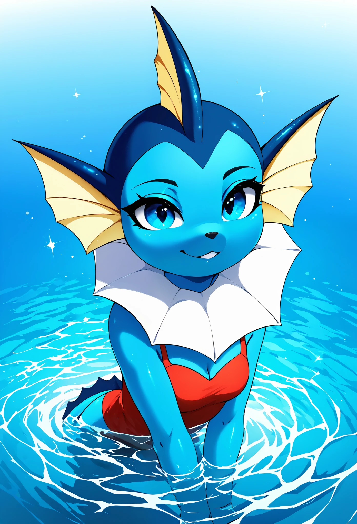 score_9, score_8_up, score_7_up, source_furry, rating_safe, by magnaluna, 1girl, anthro, vaporeon, blue skin, pokemon, blue eyes, detailed skin, river shore, in water, detailed background, best quality, clothing