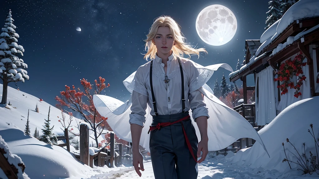 Young boy, light blond hair, freckles, bright blue eyes, walking barefoot in the snow, red flowers illuminated by the moonlight, medieval clothing, shirt, cloth pants, suspenders, dressed clothing, only one character in the image, night, snowflake, snowy plain, night, lighting effect, moon, sadness, nose and ear reddened by the cold, condensation, ultra-detailed face, detailed hair, detailed eyes, unreal engine, ultra-detailed shadow, realistic snow.