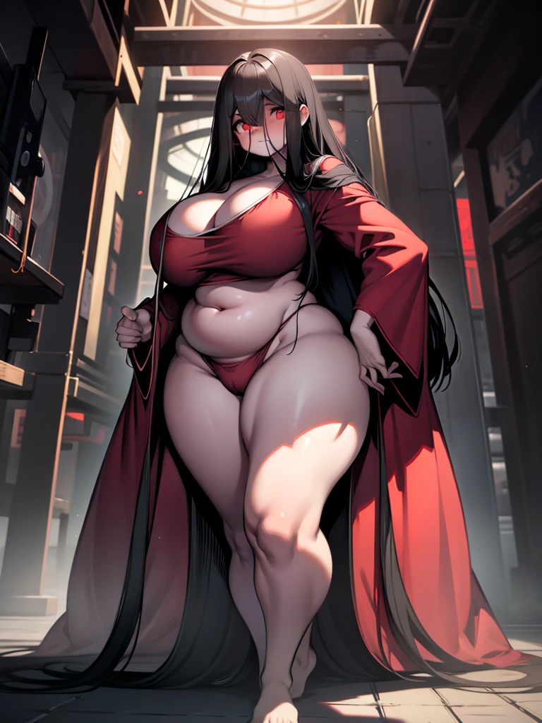 (( best quality, masterpiece, )) Crimson eyes, glowing eyes, night, red robe, full-body, standing, female, long hair, black hair, massive fat chubby belly, massive fat breasts, very wide fat hips, thick thighs, massive fat wide round ass, eerily cute, shy,