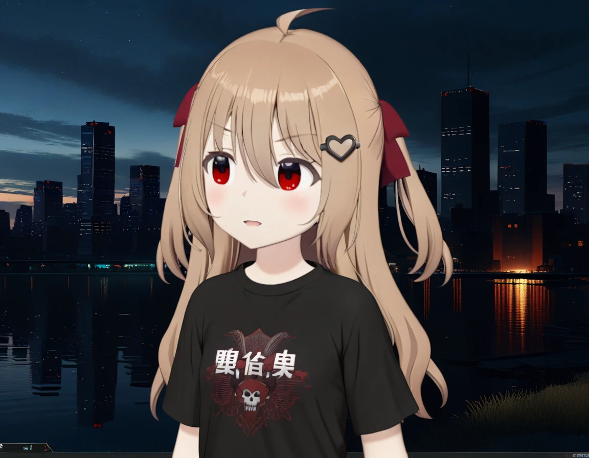 1girl, evil neuro-sama, (yuzu modoki), red eyes, dark red ribbon, hair ribbon, two side up, ahoge, heart hair ornament, light brown hair, natural lighting, (masterpiece, best quality), night, skyline, detailed scenery, (3d render:0.7), highly detailed, finely detailed, underwear,