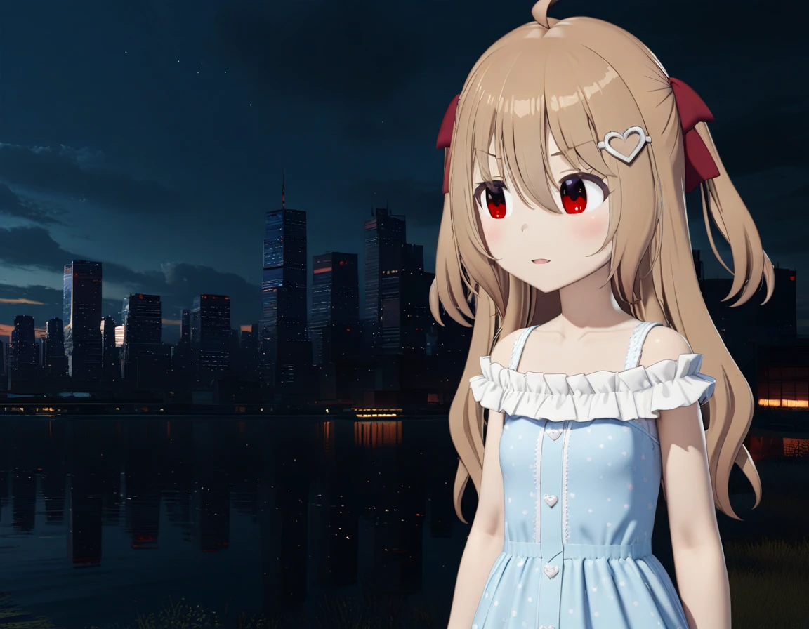 1girl, evil neuro-sama, (yuzu modoki), red eyes, dark red ribbon, hair ribbon, two side up, ahoge, heart hair ornament, light brown hair, natural lighting, (masterpiece, best quality), night, skyline, detailed scenery, (3d render:0.7), highly detailed, finely detailed, underwear,