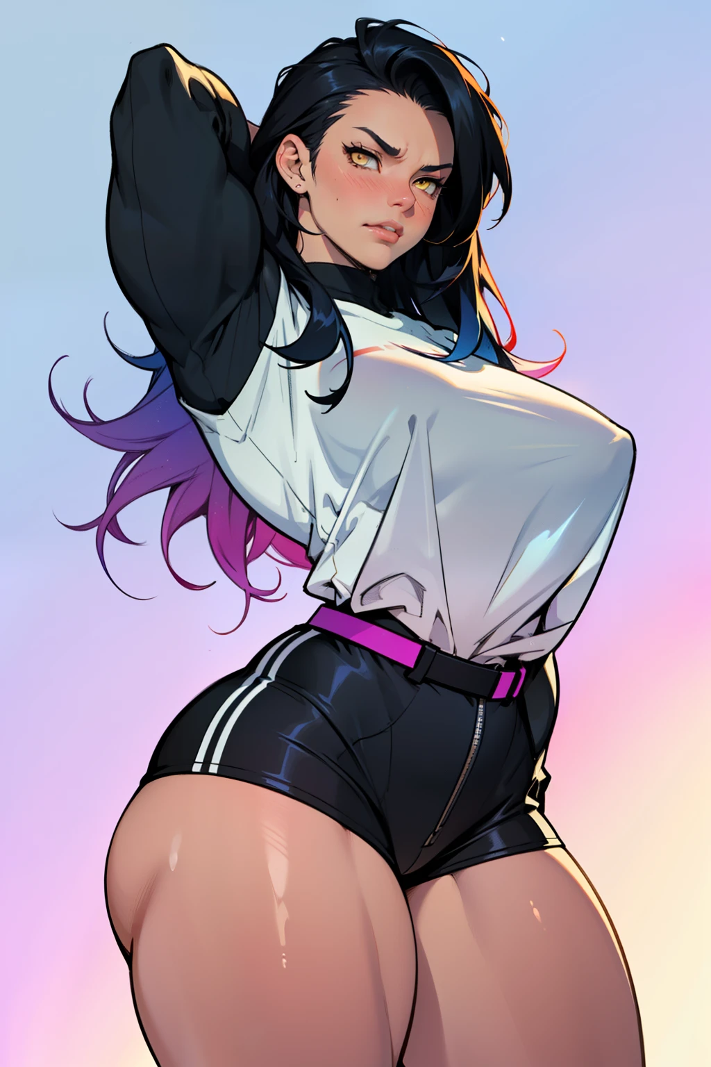 girl solo black hair yellow eyes very long hair pale skin muscular muscular muscular fit body huge muscles thick thighs girl tight clothes angry blush disheveled hair tight long sleeved shirt thick thick thick thick (hair gradient hair gradient hair gradient hair gradient hair gradient hair gradient) (hair gradient hair gradient hair gradient hair gradient hair gradient hair gradient)