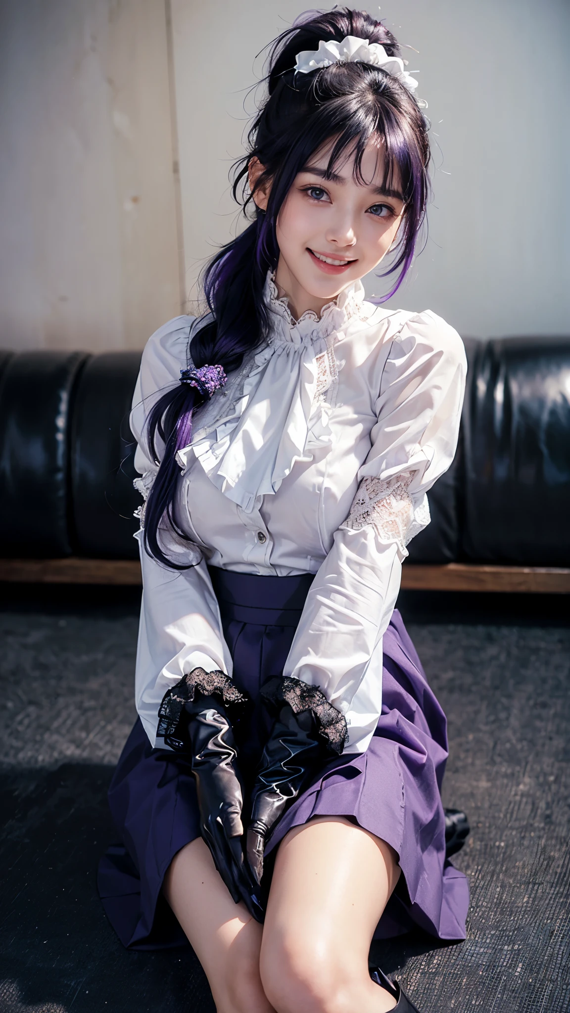 highest quality, masterpiece, Ultra-high resolution, (Realistic:1.4), (Portraiture) RAW Photos, 1 girl,22 years old((Detailed face)),(((座ったPortraiture)),(((Nude and ,Erect nipples, beautiful breasts,Beautiful breasts))),((Smiling with teeth showing)),((Big smile)),((Black boots and black lace gloves)),((Black long sleeves with ruffle lace)),(((White blouse under dress))),((Black Long Skirt)),((Ponytail blue-purple hair)),((Cap Chestnut)),((Short bangs)),Realistic,Image Media Chest)),
