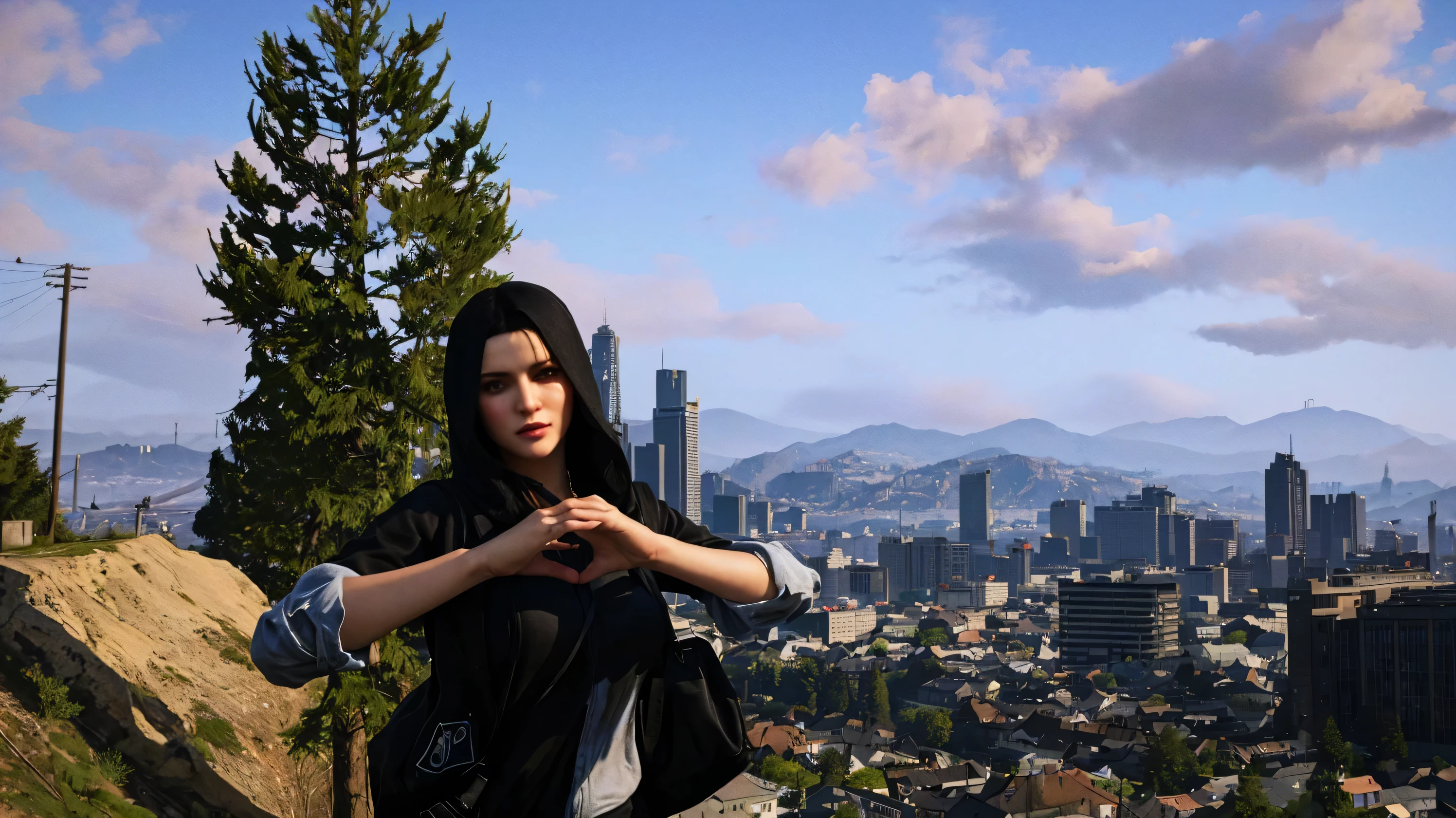 Eine Frau steht im Vordergrund mit einer Stadt im Hintergrund, als Charakter aus GTA V,  sehr detaillierte Aufnahme, ultrarealistische Grafik, 