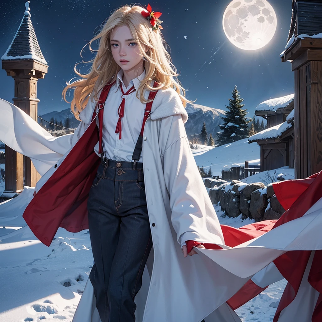 Young boy, light blond hair, freckles, bright blue eyes, walking barefoot in the snow, red flowers illuminated by the moonlight, medieval clothing, shirt, cloth pants, suspenders, dressed clothing, only one character in the image, night, snowflake, snowy plain, night, lighting effect, moon, sadness, nose and ear reddened by the cold, condensation, ultra-detailed face, detailed hair, detailed eyes, unreal engine, ultra-detailed shadow, realistic snow.