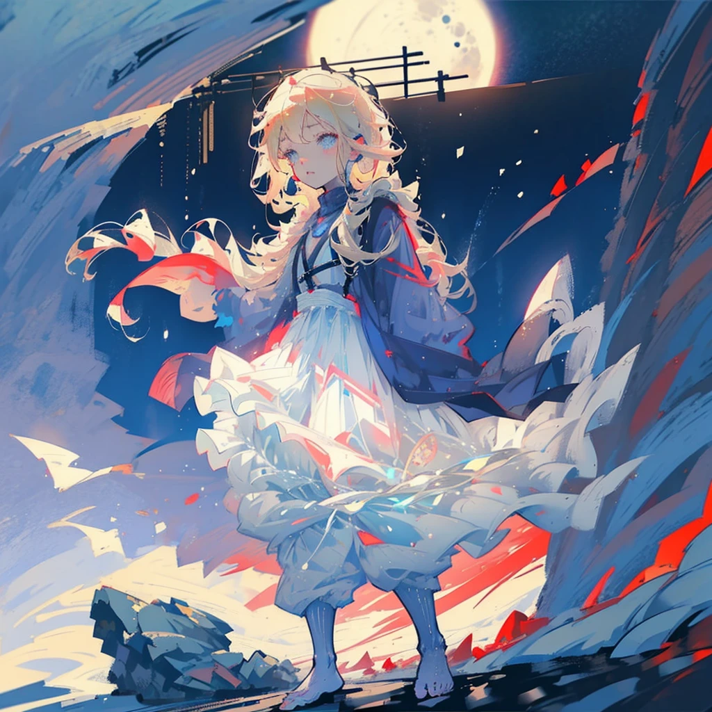 Young boy, light blond hair, freckles, bright blue eyes, walking barefoot in the snow, red flowers illuminated by the moonlight, medieval clothing, shirt, cloth pants, suspenders, dressed clothing, only one character in the image, night, snowflake, snowy plain, night, lighting effect, moon, sadness, nose and ear reddened by the cold, condensation, ultra-detailed face, detailed hair, detailed eyes, unreal engine, ultra-detailed shadow, realistic snow.