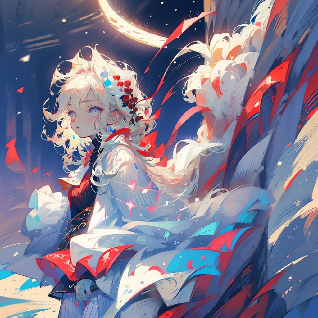 Young boy, light blond hair, freckles, bright blue eyes, walking barefoot in the snow, red flowers illuminated by the moonlight, medieval clothing, shirt, cloth pants, suspenders, dressed clothing, only one character in the image, night, snowflake, snowy plain, night, lighting effect, moon, sadness, nose and ear reddened by the cold, condensation, ultra-detailed face, detailed hair, detailed eyes, unreal engine, ultra-detailed shadow, realistic snow.