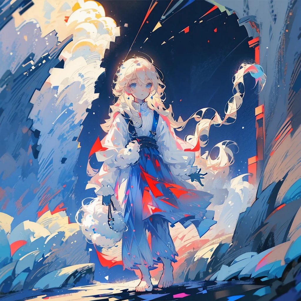 Young boy, light blond hair, freckles, bright blue eyes, walking barefoot in the snow, red flowers illuminated by the moonlight, medieval clothing, shirt, cloth pants, suspenders, dressed clothing, only one character in the image, night, snowflake, snowy plain, night, lighting effect, moon, sadness, nose and ear reddened by the cold, condensation, ultra-detailed face, detailed hair, detailed eyes, unreal engine, ultra-detailed shadow, realistic snow.