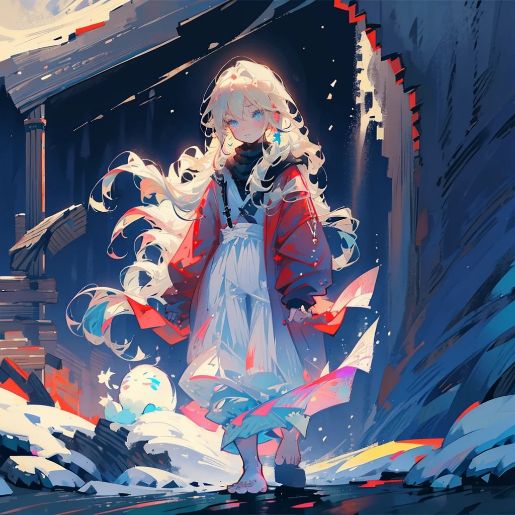 Young boy, light blond hair, freckles, bright blue eyes, walking barefoot in the snow, red flowers illuminated by the moonlight, medieval clothing, shirt, cloth pants, suspenders, dressed clothing, only one character in the image, night, snowflake, snowy plain, night, lighting effect, moon, sadness, nose and ear reddened by the cold, condensation, ultra-detailed face, detailed hair, detailed eyes, unreal engine, ultra-detailed shadow, realistic snow.