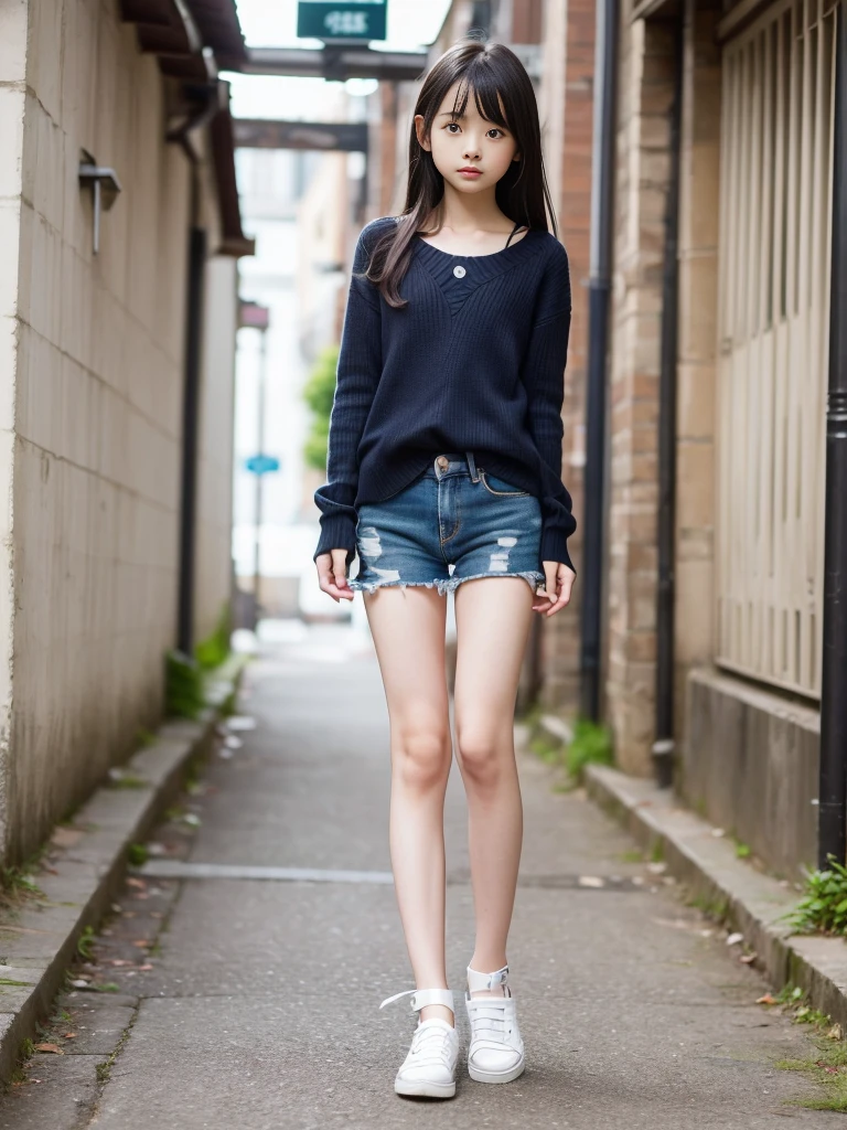 (masterpiece, highest quality:1.4), Award-winning portraits, 8K, 85mm, alone, Beautiful Face, Delicate girl, Biolaces, Gardenia, grace, Sophisticated, cute, Teen, Watching the audience, 15 years old, Raw photo, Disorganized, HDR, Sharp focus, Background bokeh、(((Flat 、A slim and delicate body、A youthful atmosphere、Full Body)))、Her shiny, medium-long hair is tied up.、Hair swaying in the wind、Mole on the left cheek、Large, round, dark blue eyes、Full Body、Junior idol、Nogizaka Idol、Mole under the eye、sexy、((basement、Embarrassing appearance、Anxious expression))、