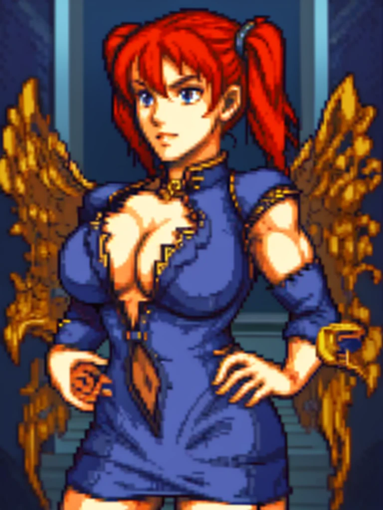 Twintail, red haired, 1girl, grey eyes, well toned, well built, muscled, toned muscles, formal attire, pixelated