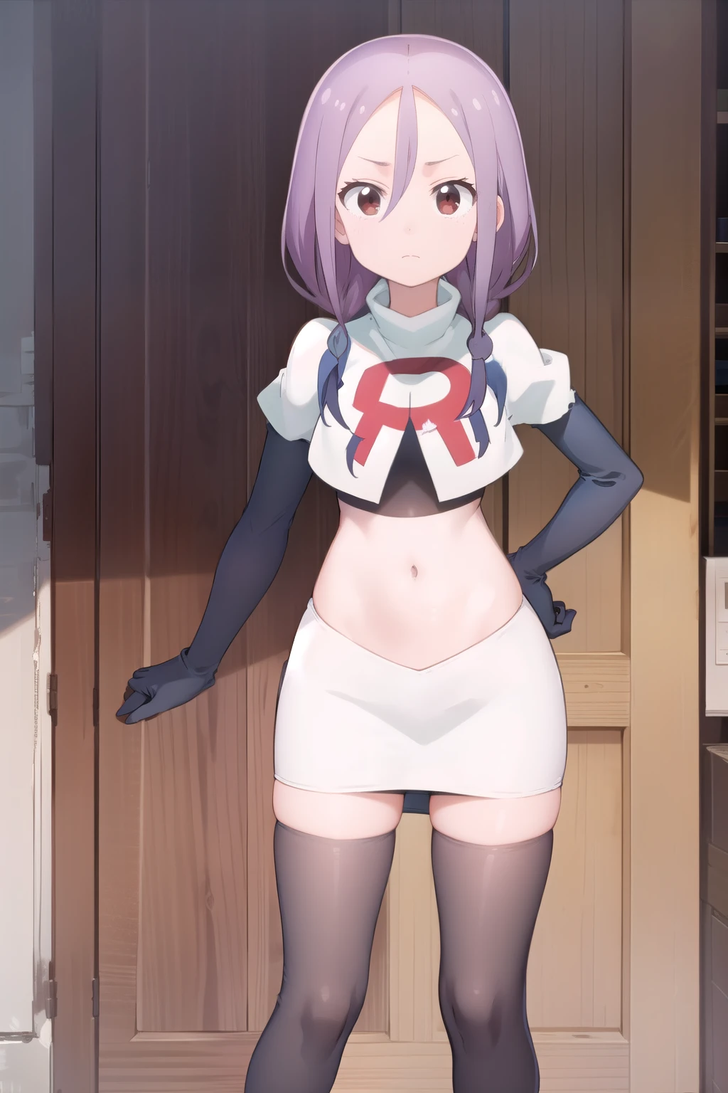 solo, 1girl, looking at viewer, 2D, anime, anime coloring, team rocket,team rocket uniform,white skirt,red letter R,crop top,black thigh-highs,black elbow gloves, urushi yaotome, , looking at viewer
