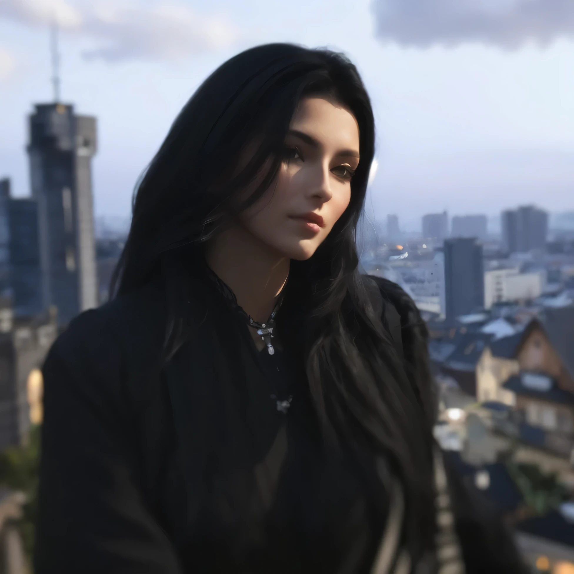 Frau mit langen schwarzen Haaren steht vor einer Stadt, weiblicher Charakter, detailliertes langes schwarzes Haar, filmisch realistisches Portrait, filmischer voller Charakter, Filmcharakter, realistischer Kunststil
