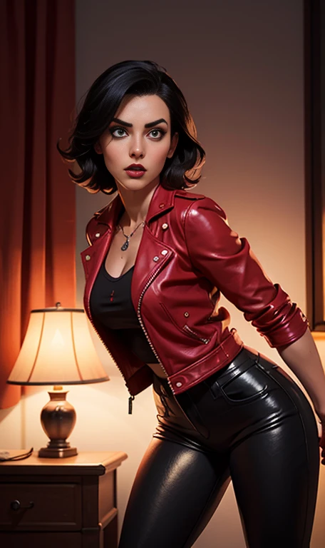 Jessica Nigri, vampire with short black hair, fair skin, wearing a red leather jacket and tight black leather pants, front view, dynamic pose, ambient lighting, photo realistic, intricate facial details, intricate hand details, highly detailed, colors vivid, cinematic, high resolution, modern Artstation - raw style