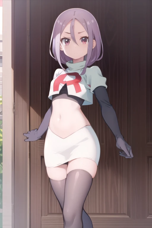 solo, 1girl, looking at viewer, 2D, anime, anime coloring, team rocket,team rocket uniform,white skirt,red letter R,crop top,black thigh-highs,black elbow gloves, urushi yaotome, , looking at viewer