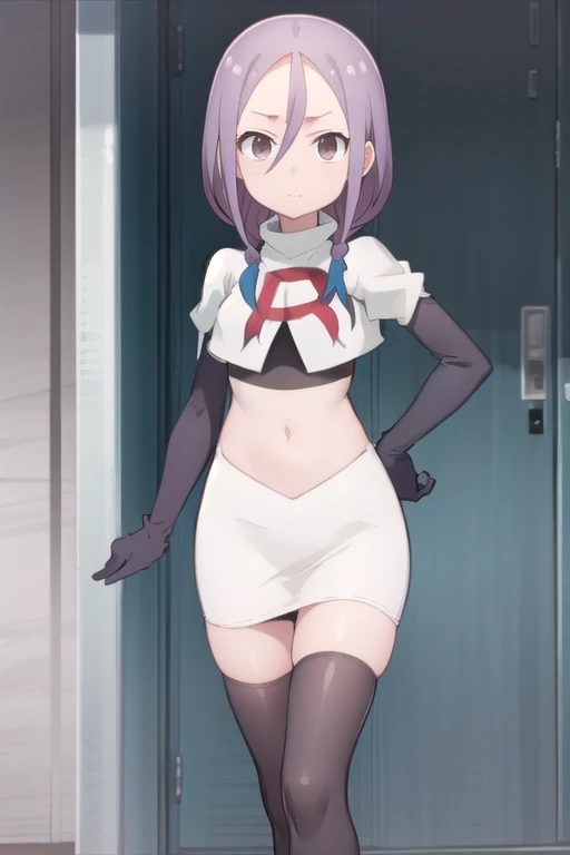 solo, 1girl, looking at viewer, 2D, anime, anime coloring, team rocket,team rocket uniform,white skirt,red letter R,crop top,black thigh-highs,black elbow gloves, urushi yaotome, , looking at viewer