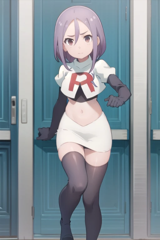 solo, 1girl, looking at viewer, 2D, anime, anime coloring, team rocket,team rocket uniform,white skirt,red letter R,crop top,black thigh-highs,black elbow gloves, urushi yaotome, , looking at viewer