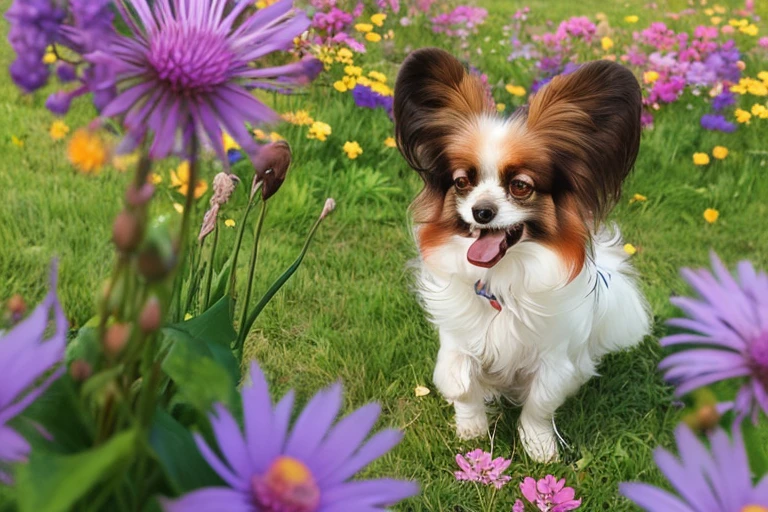 ,(masterpiece:1.2, high quality), alone, small dog, god, Jean the Papillion, bug, No humans, butterfly, Open your mouth, flower, look up, Brown eyes, animal focus, tooth, animal, Outdoor, dog, Grass, pink flower, Day, zipper,
