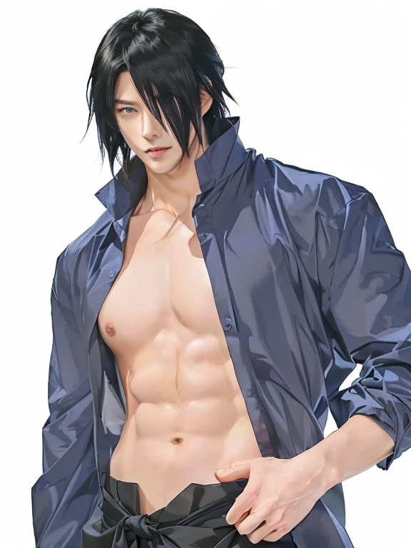 a man with a shirt on and no shirt on standing, sasuke uchiha, okata kazuto, anime handsome man, male anime character, handsome anime pose, tall anime guy with blue eyes, ikuto yamashita, itatchi uchiha, itachi uchiha, sebastian michaelis, kazuma kaneko, shirtless, shirtless :: high detail