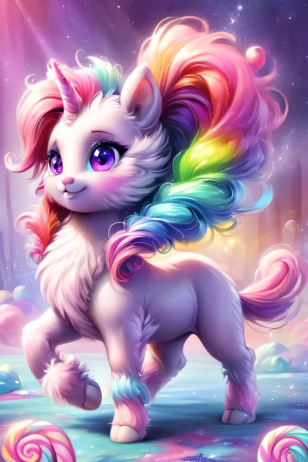 fantasy art , 8K, HD, Creature magic,coloful,candy,female,cute,pretty,pony,mane cotton candy,hull crystal candy,tail cotton candy,furry