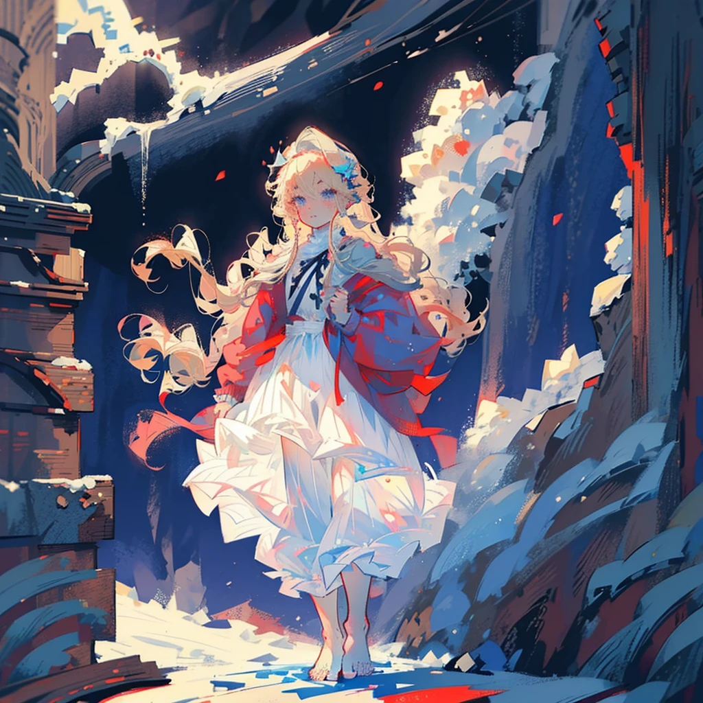 Young boy, light blond hair, curly hair, freckles, blue eyes, walking barefoot in the snow, red flowers illuminated by the moonlight, medieval clothing, shirt, cloth pants, suspenders, dressed clothing, only one character in the image, night, snowflake, snowy plain, night, lighting effect, moon, sadness, nose and ear reddened by the cold, condensation, ultra-detailed face, detailed hair, detailed eyes, unreal engine, ultra-detailed shadow, realistic snow.