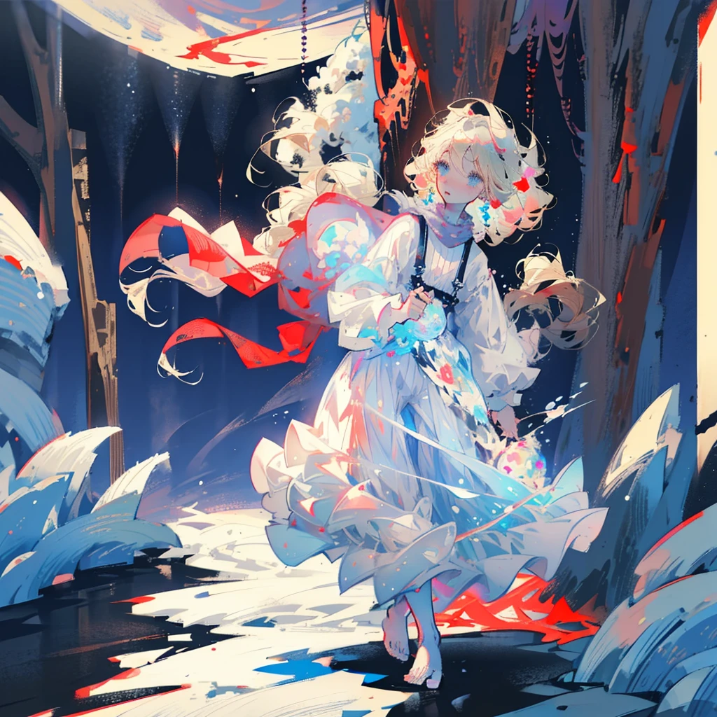 Young boy, light blond hair, curly hair, freckles, blue eyes, walking barefoot in the snow, red flowers illuminated by the moonlight, medieval clothing, shirt, cloth pants, suspenders, dressed clothing, only one character in the image, night, snowflake, snowy plain, night, lighting effect, moon, sadness, nose and ear reddened by the cold, condensation, ultra-detailed face, detailed hair, detailed eyes, unreal engine, ultra-detailed shadow, realistic snow.