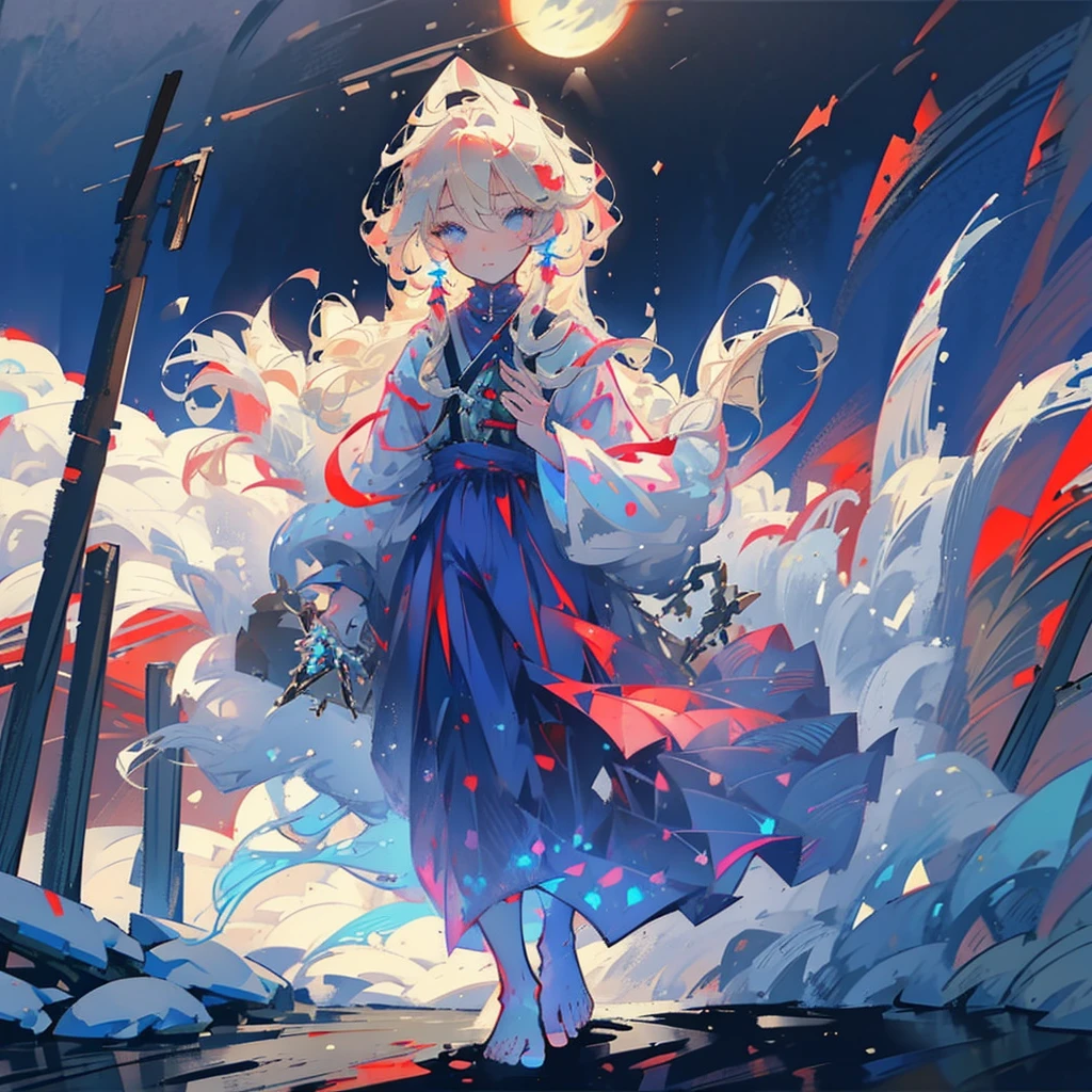 Young boy, light blond hair, curly hair, freckles, blue eyes, walking barefoot in the snow, red flowers illuminated by the moonlight, medieval clothing, shirt, cloth pants, suspenders, dressed clothing, only one character in the image, night, snowflake, snowy plain, night, lighting effect, moon, sadness, nose and ear reddened by the cold, condensation, ultra-detailed face, detailed hair, detailed eyes, unreal engine, ultra-detailed shadow, realistic snow.