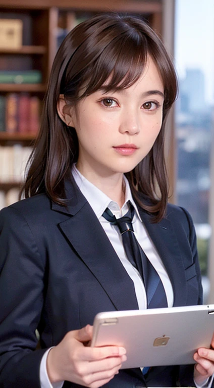 One girl, (from the front:2.0), alone, Lips parted, Soft expression,(Look directly at the viewer), Upper Body, Small breasts, (Hold a large tablet with both hands), Navy tailored jacket for women, Blouse without tie, office lady, Bookshelf, from the front