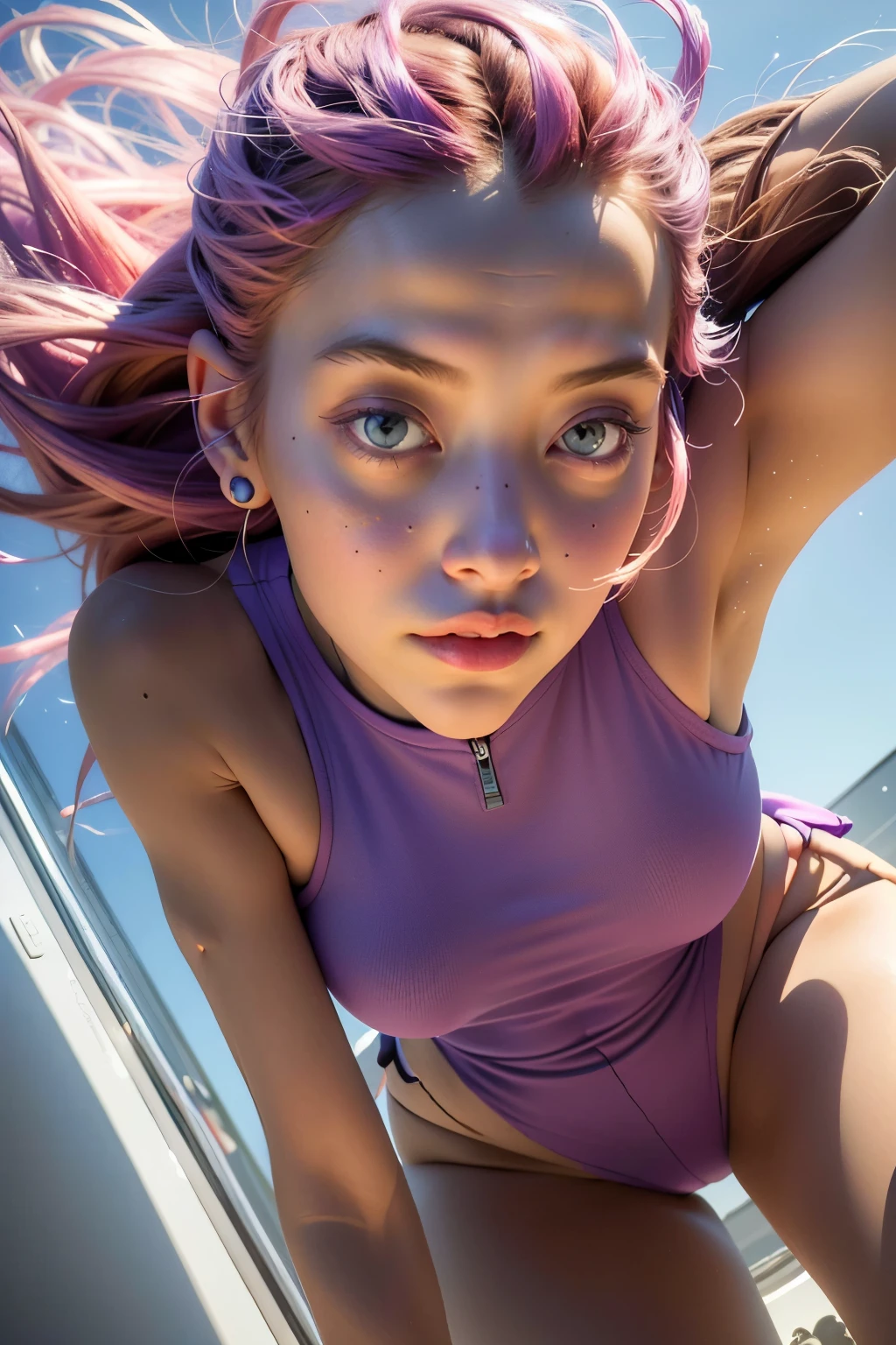(Masterpiece:1.2), closeup, best quality, The girl with the pretty face floats in space, portrait of a pink purple-haired young woman in zero gravity, abstract background, (beautiful extra detailed pink purple hair:0.8), Wearing a white wet tight swimsuit,Center symmetrical composition,Axisymmetric composition,realistic,skin textures, correct anatomy, camel toe,