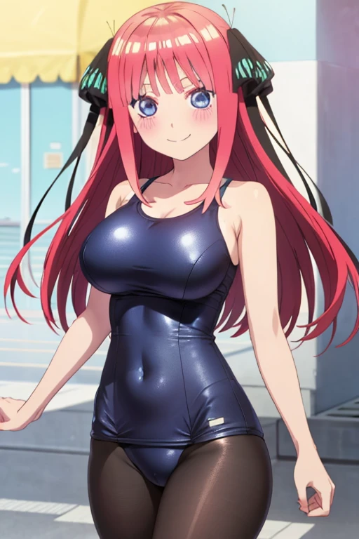 best quality, ultra-detailed masterpiece, anime art style, cute character, nino nakano, large breasts, blush, smile, one-piece swimsuit, pantyhose,