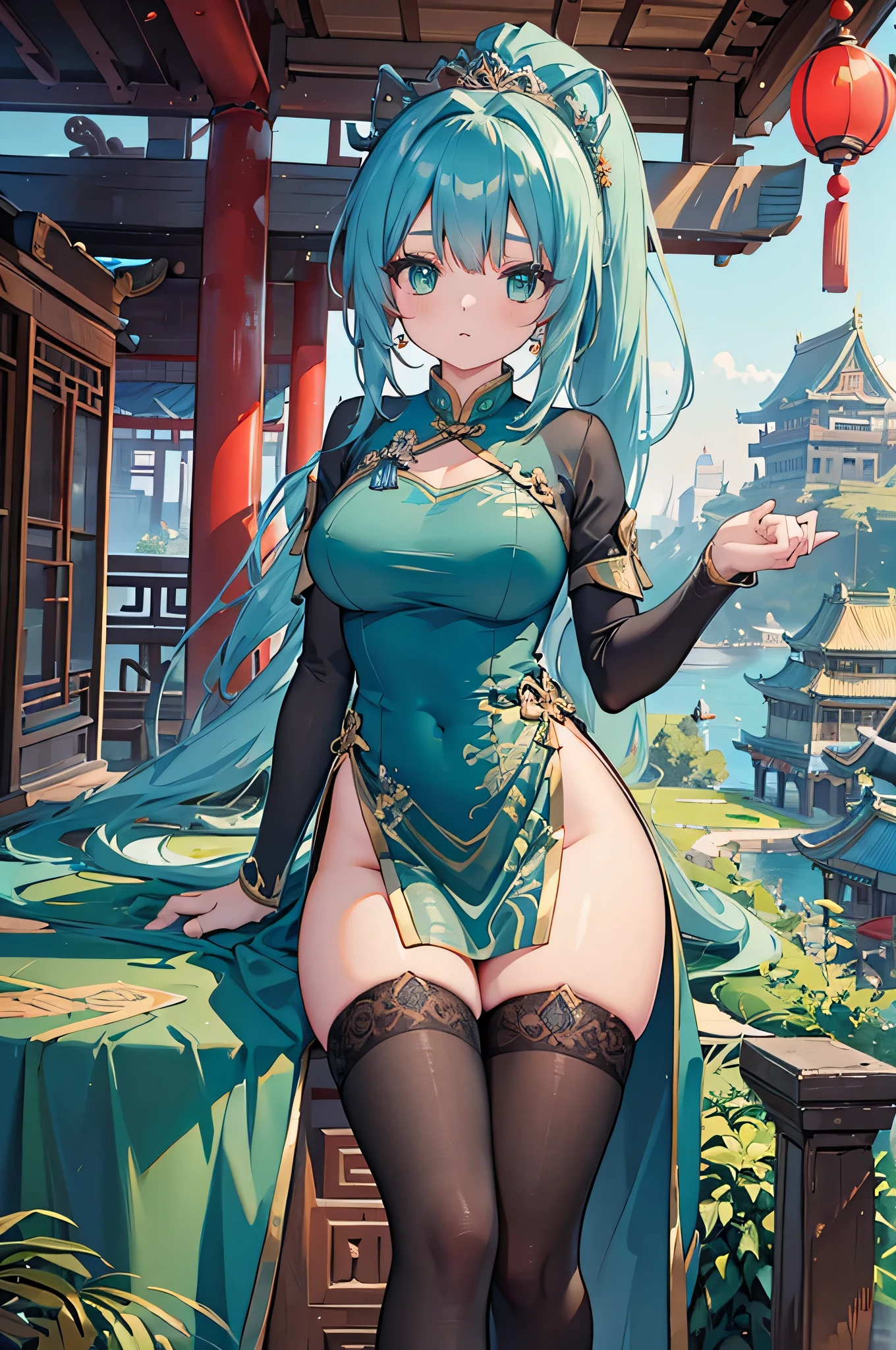 4k,High resolution,One Woman,Blue Hair,Long Ponytail,Green Eyes,Big Breasts,Ancient Chinese Princess,China dress,Black Stockings,Princess Tiara,Ancient Chinese castles