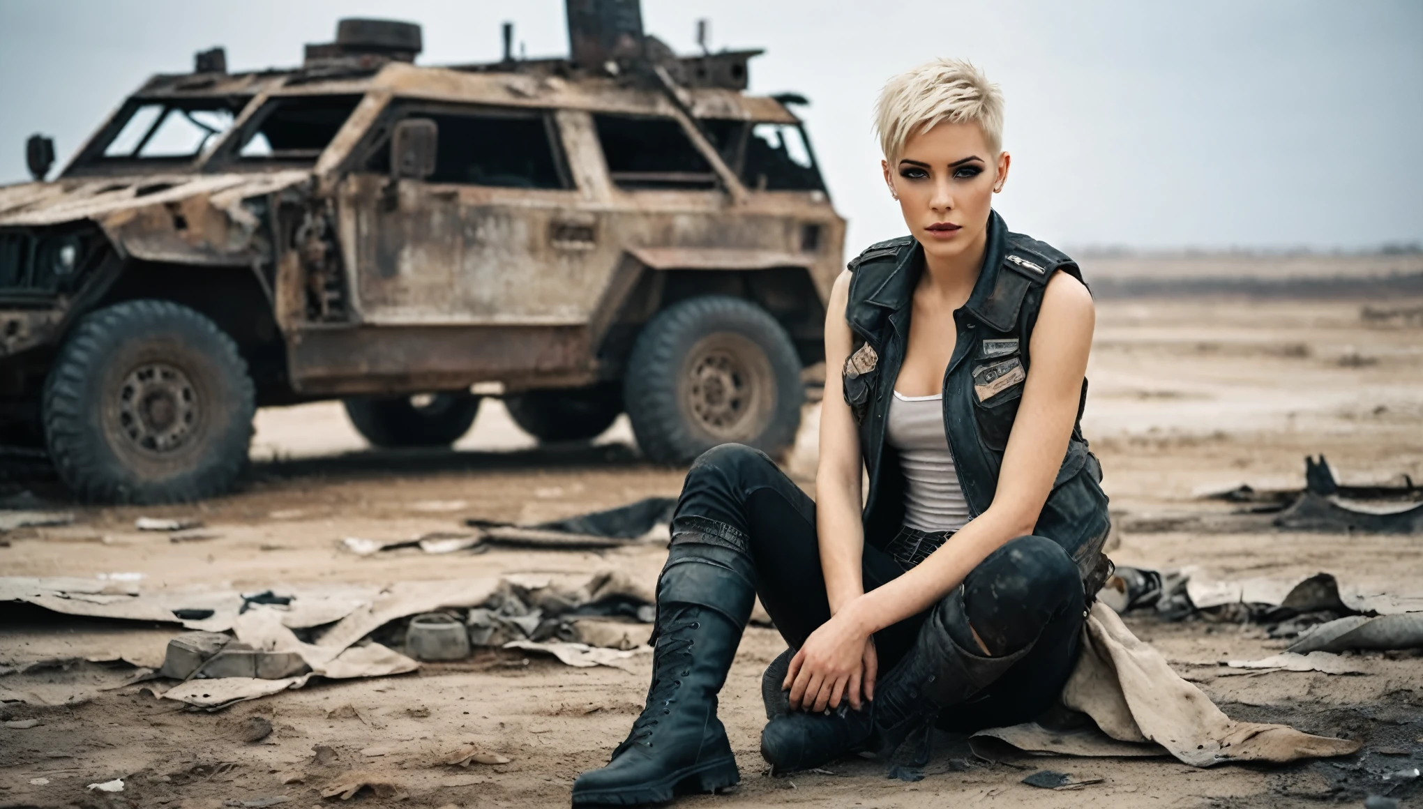 A female survivor sitting on a wrecked APC in an apocalyptic wasteland facing the viewer, right arm resting on her waist, left arm held forward to grab the viewer, short platin blonde undercut haircut, pale skin, scared look on her face, full lips, thin eyebrows, small breasts, strong legs, worn and torn raw fabric vest, short cutoff black leather skirt, very short socks, no makeup, natural fingernails